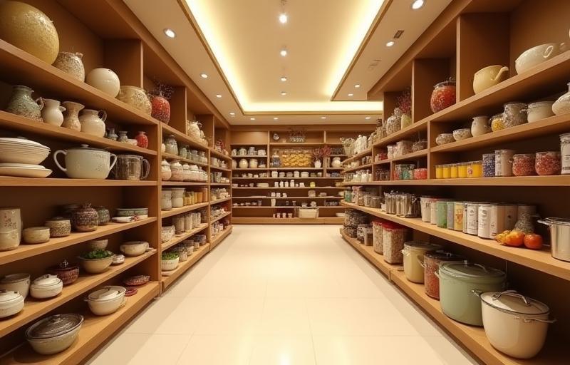 Clean and inviting interior view of the Ghar Shringar store showcasing shelves filled with organized kitchen and home goods.