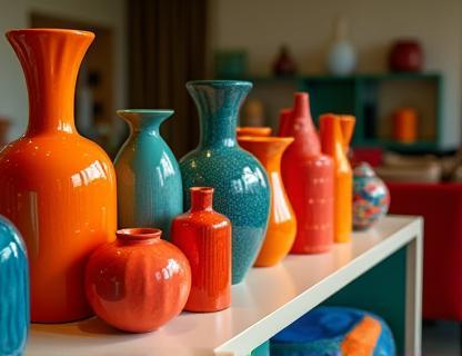 Collection of colorful decorative vases, cushions, and small sculptures on a shelf.