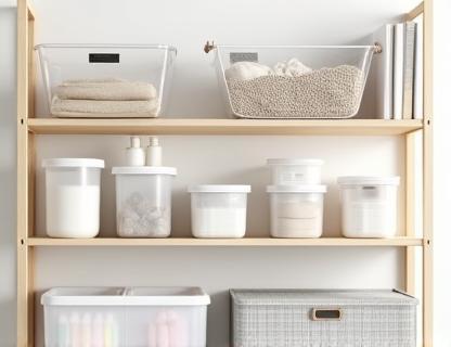 Stackable storage containers and baskets organized neatly on shelves.